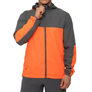 <b>Men's</b> Hooded Windproof Sport <b>Jacket</b> Orange Gray Color Blocking Zipper Front Polyester Autumn Wear - Product Image 1