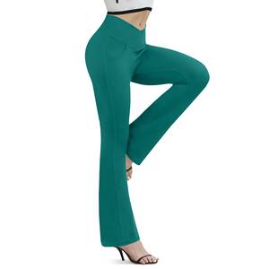 Women's Flat Front Mid Waist Flare <b>Leggings</b> Breathable Elastic Waist <b>With</b> <b>Pockets</b> High Stretch Women Outdoor Casual Pants - Product Image 4