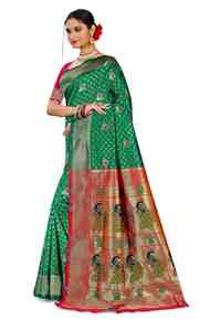 Fancy Stylish Soft Green Silk Saree with Peacock Embroidery <b>Red</b> Border and <b>Blouse</b> Piece for Wedding Party Festival Wear - Product Image 3
