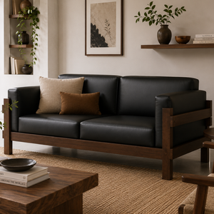 Sofá Moderno de Una Plaza en Madera de Teca Sólida con Tapicería de Cuero Negro para Sala de Estar, Apartamento, Hotel, Villa, Muebles Personalizados - Product Image 6