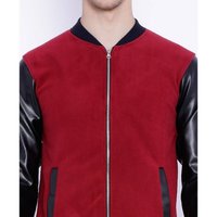 Jaket Varsity Merah Pria Dengan Lengan Kulit Asli Hitam, Penutup Ritsleting, Pakaian Kasual Musim Gugur
