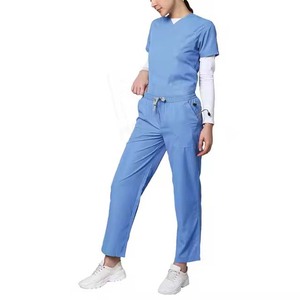 Ensemble de blouses et pantalons d'hôpital pour femmes, bleu, col en V, en coton et polyester tissé, couleur unie, avec détection d'aiguilles - Product Image 3