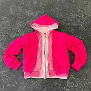 New Pink Oversized Color Block Triple Layer 100% Cotton French Terry Heavyweight Winter Embroidered Zip-<b>Up</b> Hoodie for Men - Product Image 1