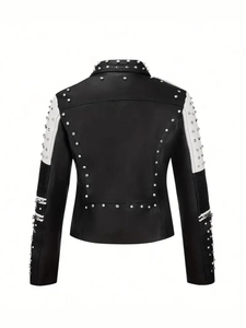 Blouson Moto Unisexe en Cuir PU Noir et Blanc avec Rivets, Fermetures Éclair, Ceinture, Coupe Ajustée, Col Rabattu, Manches Classiques, Automne Hiver - Product Image 2