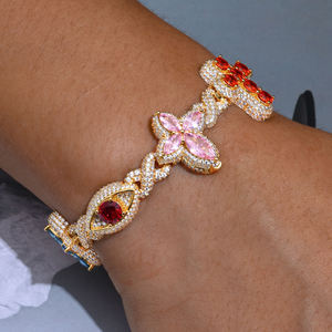 Bracelet de luxe pour femme plaqué or 22 carats avec fleur en zircon et pierre rouge taille marquise sertie clos, bijoux de soirée - Product Image 1