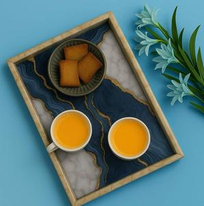 Bandeja Rectangular de Madera Lacada con Patrón de Ágata, Borde Dorado, Acabado Pulido, Apta para Lavavajillas, Multifuncional, Moderna y de Lujo - Product Image 2