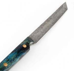 Cuchillo utilitario de acero de Damasco hecho a mano con mango de madera estabilizada azul y funda de cuero grabado. - Product Image 6
