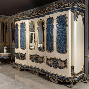 Ensemble de chambre à coucher de luxe en bois de mahogany massif bleu, capitonné, taille King, style antique européen sculpté, fabriqué en Indonésie, livraison gratuite, garantie - Product Image 3