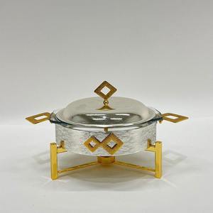 Luxury Arabic Oval Glass Chafing Dish Stainless Steel Silver Gold Stand Handle Top Knob Ramadan <b>Buffet</b> <b>Server</b> Single Unit - Product Image 2