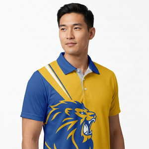 Polo de Manga Corta para Hombre con Estampado de León Amarillo y Azul, Transpirable, de Poliéster Tejido, Corte Regular Informal, con Logotipo Frontal - Product Image 6