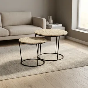 Modern Wood Top Nesting <b>Coffee</b> <b>Tables</b> Set Of 2 <b>Round</b> <b>Black</b> Metal Frame Living Room Furniture - Product Image 1