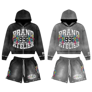 Custom Spring Embroidered Streetwear Men's Cotton Acid Wash Oversized Breathable Two-Piece Shorts and Hoodie Set - Product Image 1