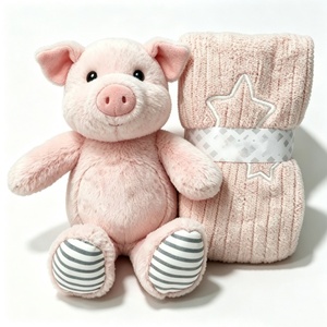 Coffret cadeau personnalisé sur le thème rose pour baby shower, comprenant un cochon en peluche rose et une couverture tricotée, jouet en peluche cochon nouveau-né et panier de couverture tricotée étoile. - Product Image 2