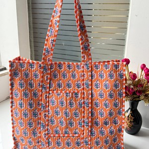 Orange Cotton Tote <b>Bag</b> With Leaf Pattern Bohemian Style Open Top Shopping <b>Bag</b> For Women - Product Image 6