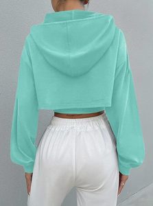 Sudadera Corta con Capucha para Mujer, Manga Larga, Color Sólido, Informal, para Primavera, Transpirable, Tejida, de Algodón y Spandex - Product Image 5