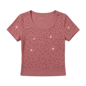 Chemisiers côtelés pour femmes style Y2K avec strass, couleur rose poudré, col rond, coupe ajustée, crop top, personnalisable OEM ODM, marque privée, vente en gros - Product Image 4