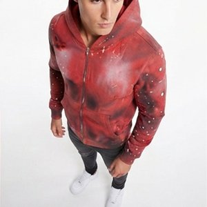 Sudadera con Capucha y Cremallera para Hombre, con Logotipo Personalizado de Pedrería, Estampado Tie-Dye Rojo, Ajuste Regular, Estilo Casual de Otoño, Tejido de Poliéster - Product Image 6
