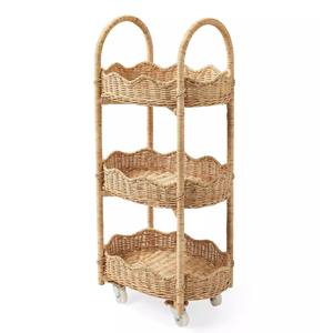 Compact Rolling Water Hyacinth Storage Cart 3 Tier Wicker Organizer With <b>Wheels</b> For <b>Small</b> Spaces, Kitchen And Bathroom Use - Product Image 5