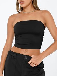 <b>Women's</b> <b>Black</b> Strapless Knitted <b>Tank</b> <b>Top</b> Solid Color Breathable Short Length Ruched Design Sexy Club Style - Product Image 2