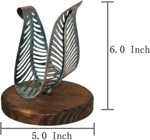 Porta servilletas con forma de hoja metálica, tamaño mediano, altura de seis pulgadas, base redonda de madera de cinco pulgadas, decoración de mesa. - Product Image 4