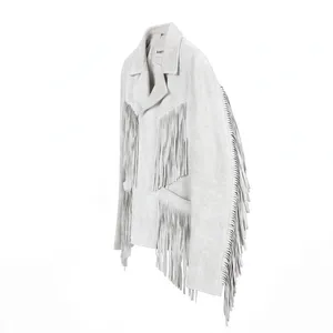 Chaqueta de Cuero Unisex Blanca con Flecos de Gamuza Auténtica, Estilo Vaquero Occidental, con Botones, Prenda Exterior Vintage de Moda, Logotipo Personalizado OEM - Product Image 3