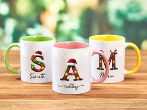 Mug à café en céramique personnalisé avec monogramme de Noël, tasse en porcelaine fine avec nom et initiale, cadeau pour la maison et le bureau - Product Image 2