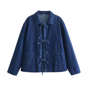 Chemise en jean délavé pour femme, style vintage, tissée, mode hiver, à revers, avec nœud décoratif, manches longues et poches, décontractée - Product Image 1