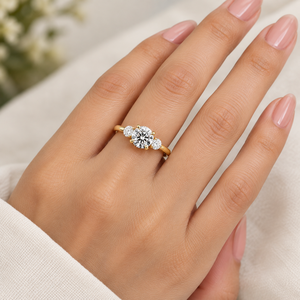 18K Gold Plated <b>Moissanite</b> Three Stone Ring Round Brilliant Shape Prong Set Classic Ring Ceremony <b>Jewelry</b> - Product Image 3