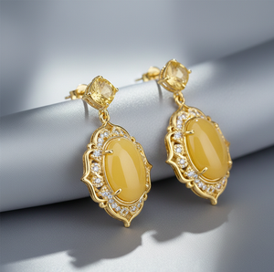 Pendientes de Ónix Amarillo y Circonita Cúbica |   Ovalado de 8 mm |   Plata de Ley 925 Chapada en Oro de 18K |   Joyería llamativa |   Joyería de Boda - Product Image 4
