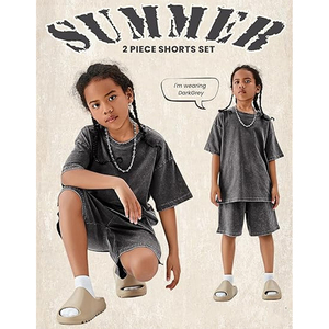 Men Lightweight Summer Acid Wash <b>Set</b> T Shirt Shorts 2 Piece Outfit Cotton Breathable Loose Fit Streetwear - Product Image 3