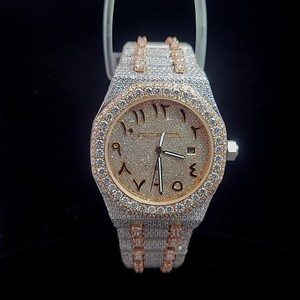 Reloj de lujo con diamantes blancos, brazalete con pavé de diamantes, esfera en oro rosa, automático, estilo hip hop para hombre. - Product Image 1