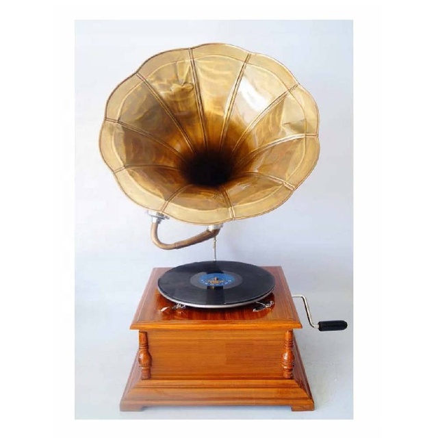 High Quality Square Wooden Base Gramophone With Brass Horn Handmade Gramophone Antique Gramophone in Wholesale Price