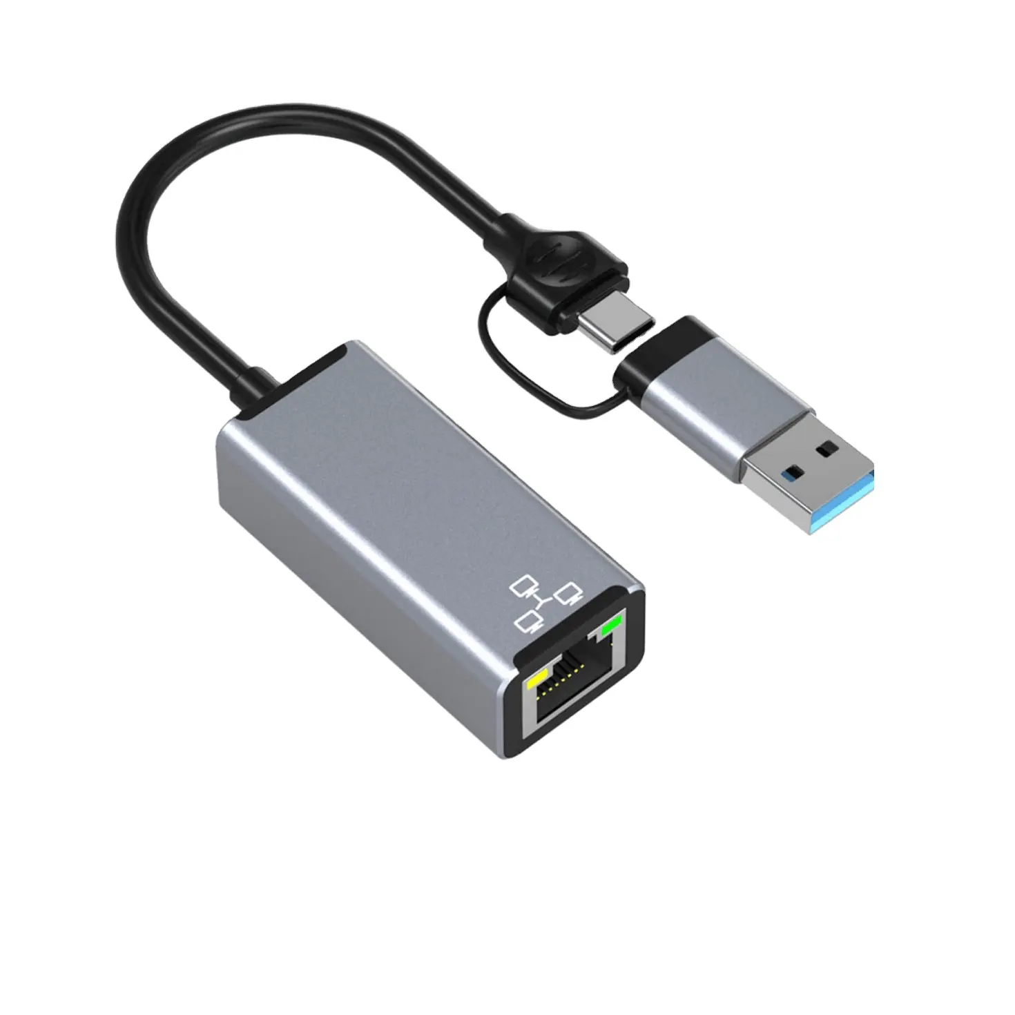 Yüksek kaliteli 2-in-one USB C ağ bağlantı noktası HUB RJ45100/1000mbp 10/100M USB C/A USB Ethernet adaptörü