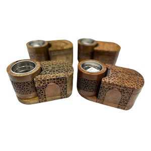 Juego de quemadores de incienso de madera con forma de mezquita, con intrincadas grabados de estrellas y copas de metal extraíbles para decoración. - Product Image 1