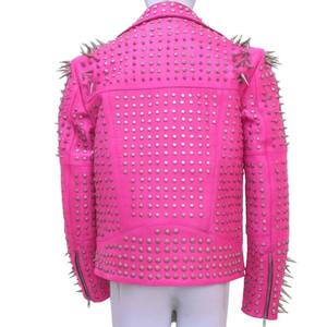 Pink Cowhide <b>Leather</b> Winter Raw Moto Jacket Silver <b>Rivets</b> Spikes Full Sleeve Zipper Closure Turn-down Collar Women's Biker Style - Product Image 2