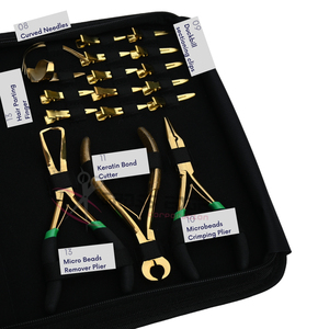 Professional Gold Stylist Hair Extension Kit with Tape In Applicator Bead Remover 2 Hole Crimping Plier Hook Loop Set in Case - Product Image 4