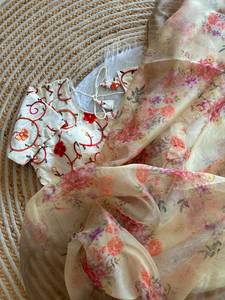 Elegante Saree de Organza con Estampado Floral, Base Beige con Diseño de Flores Multicolores, Tela Suave y Transparente con Borde Bordado - Product Image 1