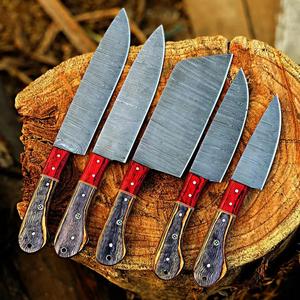 Ensemble de 5 couteaux de cuisine avec lames à motifs superposés et manches à motifs rouges, vente en gros, couteaux de camping professionnels - Product Image 4