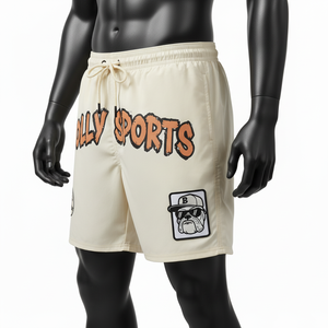 Shorts de bain pour homme en microfibre polyester 150 GSM de haute qualité, couleur crème beige, tissu à séchage rapide, taille élastique, logo personnalisé. - Product Image 2