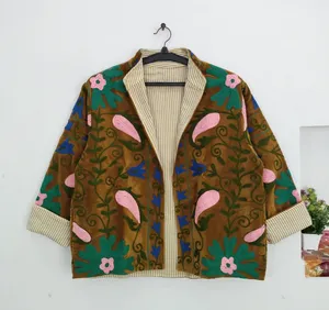 Chaqueta Boho Suzani Marrón Hecha a Mano con Bordado Floral Colorido, Abrigo de Manga Larga para Mujer, Otoño-Invierno - Product Image 1