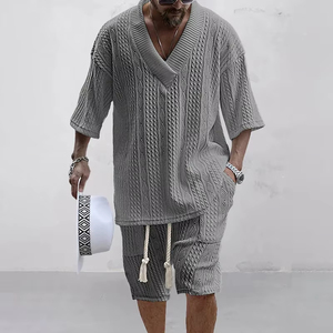 2026 Spring and Summer Casual Shorts <b>Set</b> <b>Knitted</b> Two Piece Men V neck Short Sleeve T shirt and Shorts Unforgettable Moments - Product Image 2