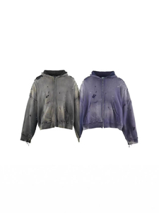 เสื้อฮู้ดดี้โอเวอร์ไซส์แบบครอปสำหรับผู้ชาย ซิปหน้า ผ้าถักคอตตอน ล้างสีแบบแอซิด ดีไซน์สไตล์ฤดูใบไม้ร่วง สีพื้น แขนปกติ - Product Image 4