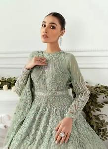 Premium Pakistani Bridle Dress Mint Green Sage Pastel Floor Length Bridal Maxi Gown With Delicate Floral Threadwork Sequin - Product Image 4