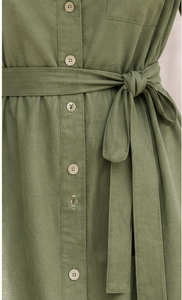 Vestido Casual de Verano para Mujer, Largo, sin Mangas, de Rayón Verde, Ecológico, Lavable, con Cuello Camisero, Cinturón y Abertura Lateral - Product Image 3