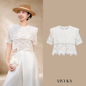 Women's White Lace Bohemian Blouse Short Sleeve Crew Neck Sheer <b>Layer</b> Floral Embroidered Spring Summer <b>Top</b> ALLEN - Product Image 1