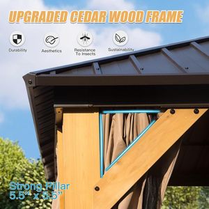 Gazebo da Esterno 12x16FT in Legno di Cedro con Tetto Rigido, Struttura in Acciaio Zincato, Doppio Tetto con Zanzariere e Tende, Padiglione e Pergola - Product Image 4