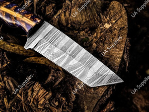 มีดแค้มปิ้งใบตายเหล็กดามัสกัสคุณภาพสูง ลายบิดเกลียว ด้ามจับรูปทรงกรวยสน ดีไซน์โดดเด่น พร้อมปลอกหนัง - Product Image 2