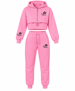Custom Women’s <b>Pink</b> 2 Piece Tracksuit Set Cropped <b>Hoodie</b> & Jogger Pants Wholesale Casual Sportswear Manufacturer - Product Image 1