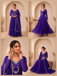 Ensemble de robe Anarkali ethnique vintage pour femmes, robe à manches longues brodée avec dupatta, longueur au sol, pour mariage et festivals - Product Image 2