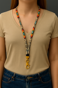 Chaîne de corps perlée faite à la main avec fermoir doré, tissée avec des motifs géométriques rouges, jaunes, oranges, turquoise, noirs et beiges, accessoire - Product Image 6